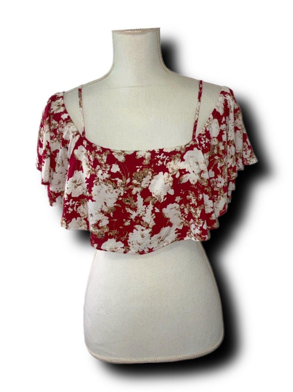 Luxxel Floral Off-Shoulder Boho Crop Top w Ruffle Detailing